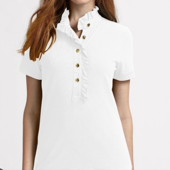 Tory Burch Tops - Tory Burch Lidia Ruffle Polo Tee GRAY Size Small